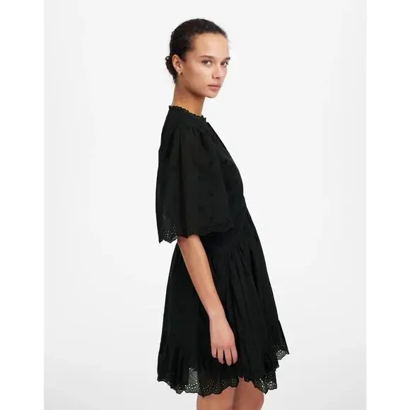 Madewell Cotton Eyelet Flutter Sleeve Mini Dress NU556 Black Size 12 NWT/FLAWED - Picture 3 of 6